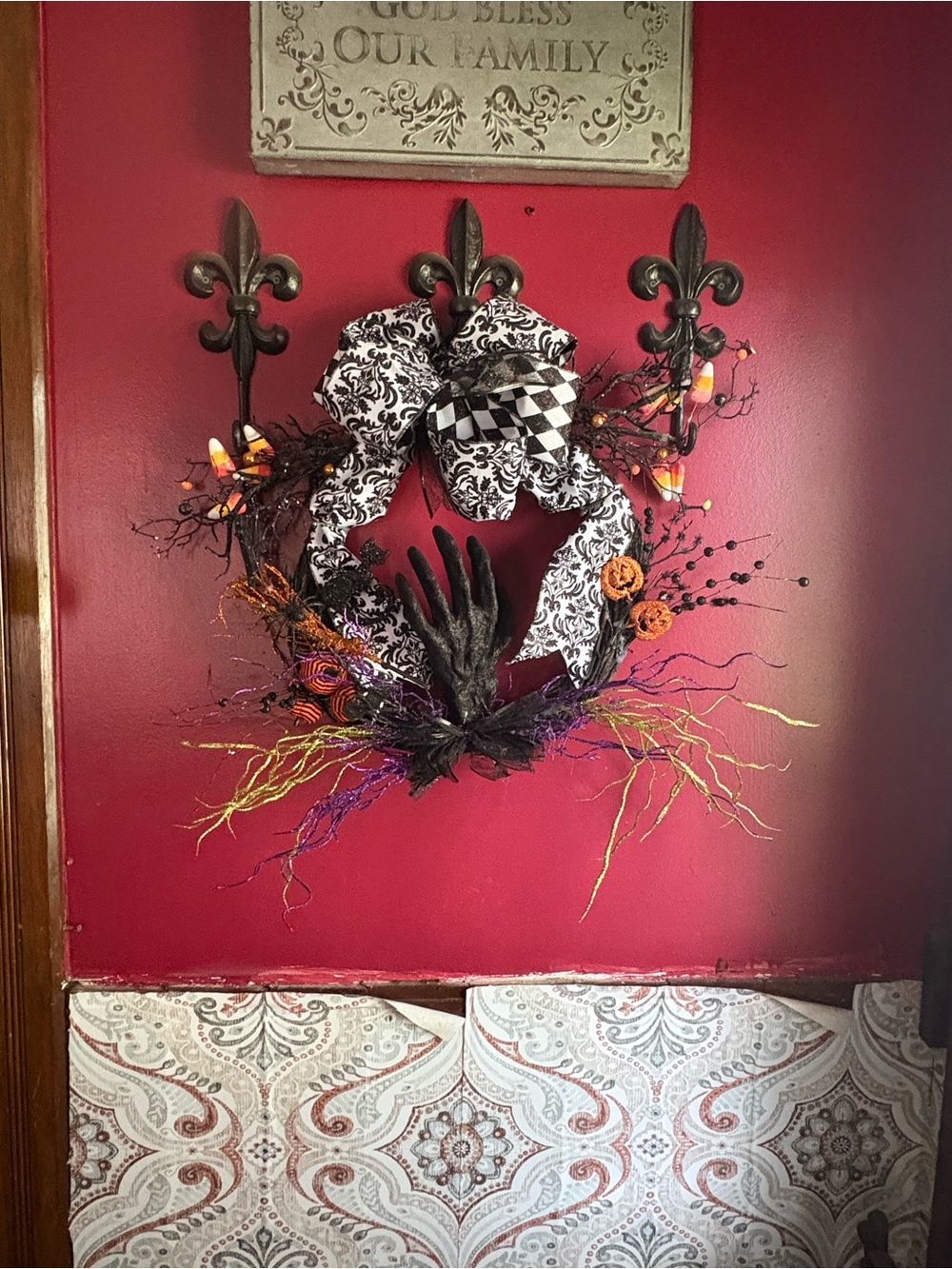 Spooky Black Hand Halloween Wreath with Orange & Purple Accents